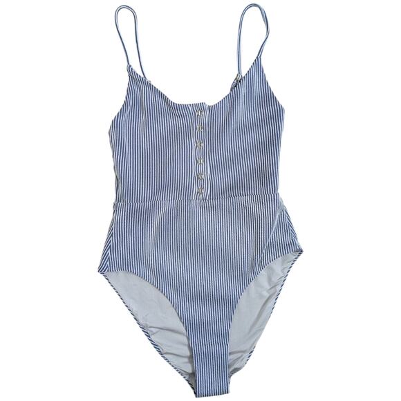Onia Lola Striped One Piece Swimsuit XS Blue White Nautical Snap Button - Picture 1 of 9